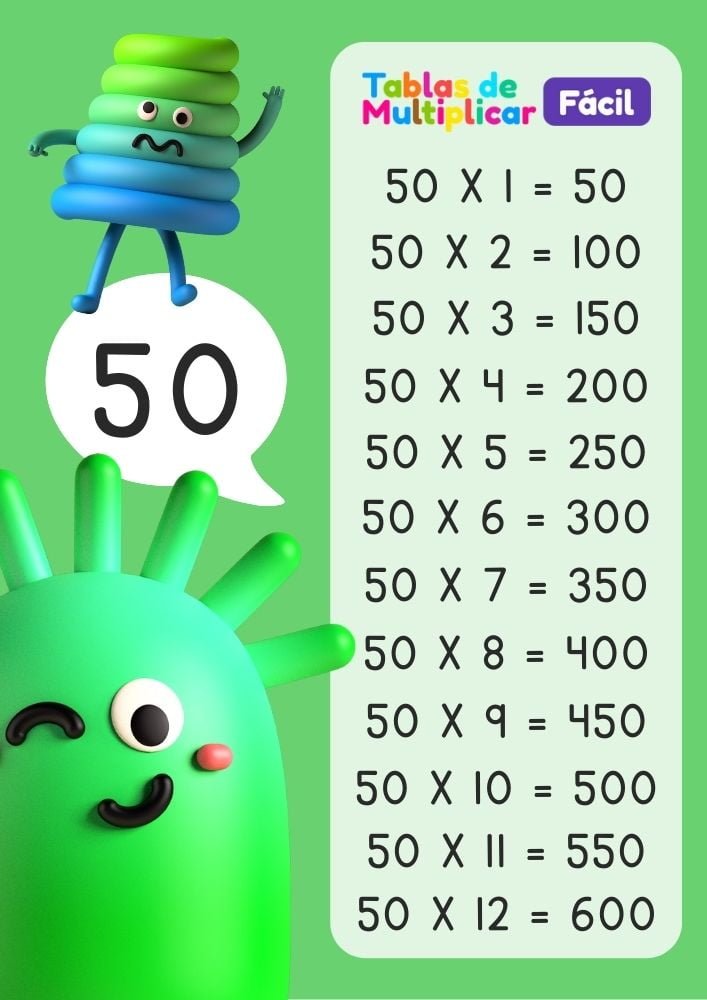 Tabla del 50 para niños, descargar PDF para imprimir